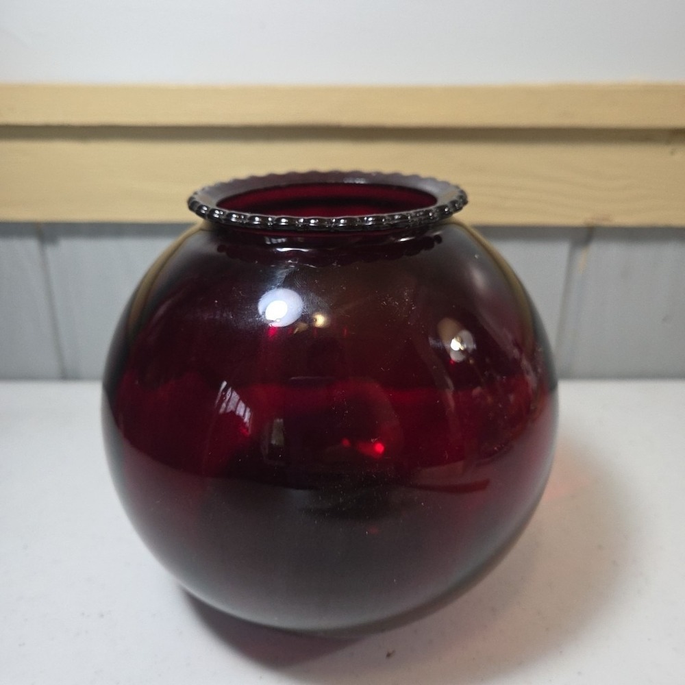 Vtg Anchor Hocking Ruby Red Depression Glass Round Vase Ruffled Edge 5.5" Tall